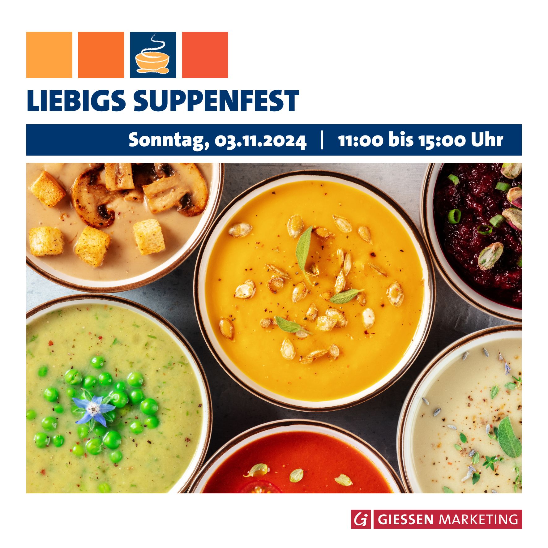 Liebigs Suppenfest am 3. November 2024: Plakat mit Suppen von der Gießen Marketing GmbH